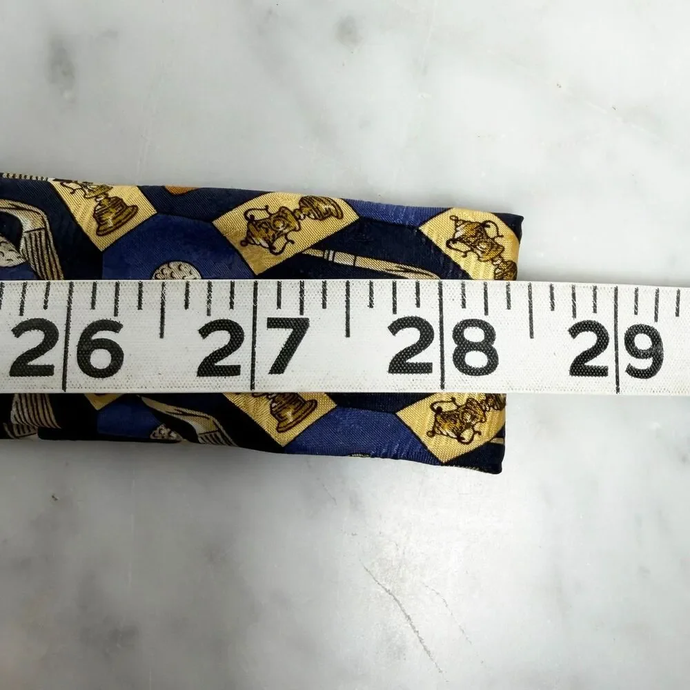 Robert Talbott Silk Tie Golf Trophy Clubs Balls Blue Gold Brown Made in USA